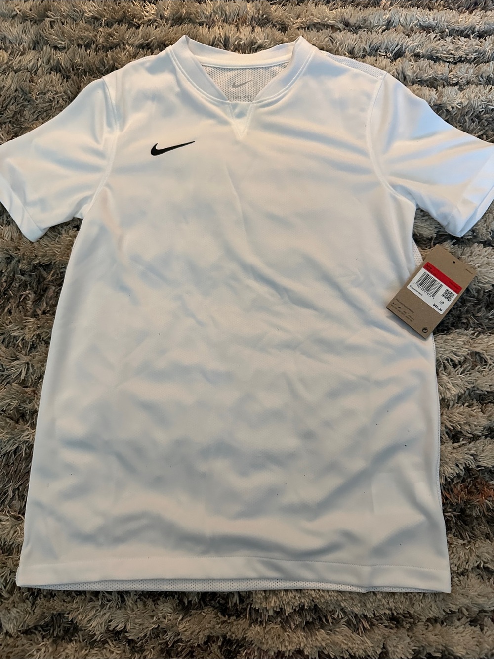 Nike boys White Short Sleeve Training Jersey with Black Swoosh
